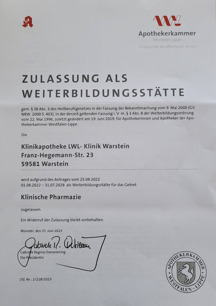 Die Zulassungsurkunde als Weiterbildungsstätte.